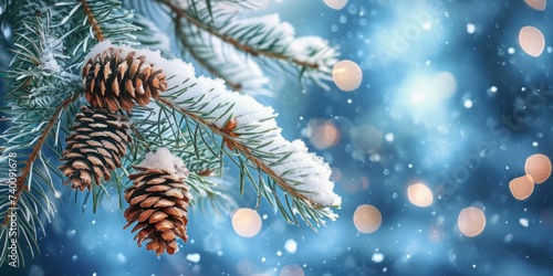 Christmas snowy winter holiday celebration greeting card - Closeup of pine branch with pine cones and snow, defocused blurred background with blue sky, Generative AI
