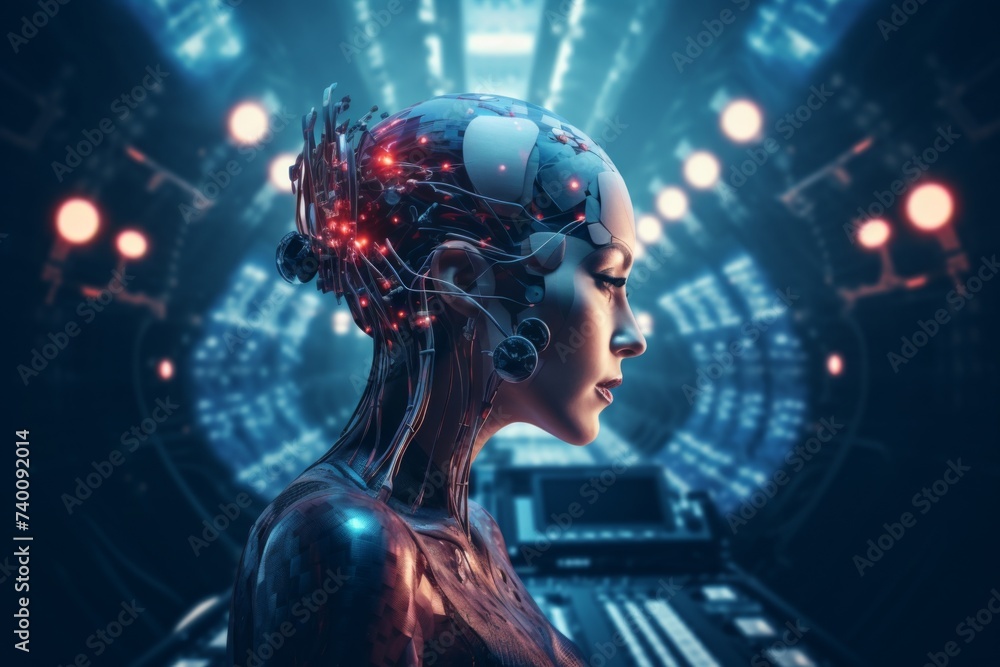 Profile of an android with intricate neural wiring against a high-tech background.