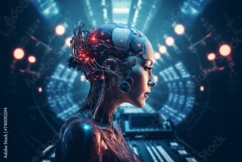 Profile of an android with intricate neural wiring against a high-tech background.