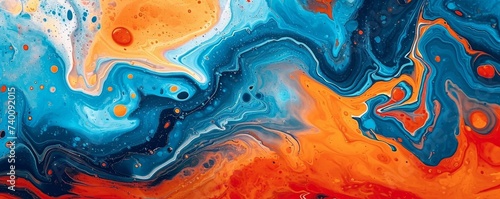Abstract marbling oil acrylic paint background illustration art wallpaper. Orange blue color with liquid fluid marbled paper texture banner painting texture, Generative AI