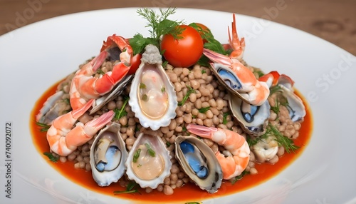 buckwheat with seafood, oyster, tomato and herbs