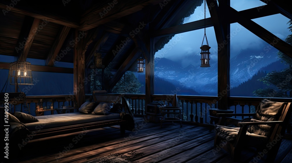 Serene Escape: A Wide View of the Blue Lut Log Cabin Balcony Interior