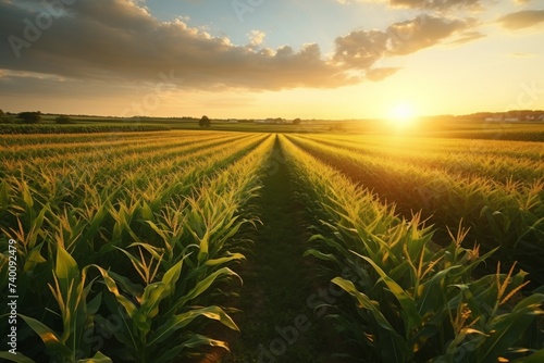 Sunlight bathes a cornfield in gold during a tranquil sunset. © pkproject