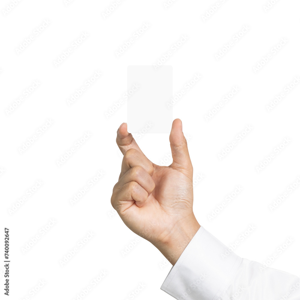 Businessman holding empty white card for your information isolated on white background include clipping path. Concept of business, branding and finance Businessman holding empty white card for your information isolated on white background include clipping path. Concept of business, branding and finance