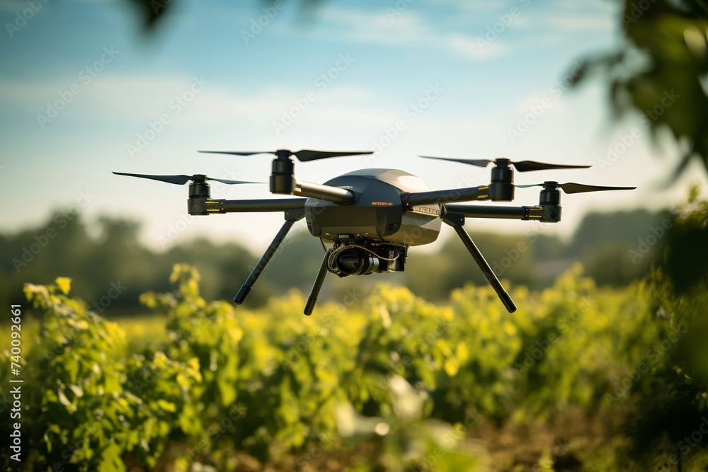 Drone flying over farmland at dawn, equipped with a camera for agricultural survey. Drone flying over farmland at dawn, equipped with a camera for agricultural survey.