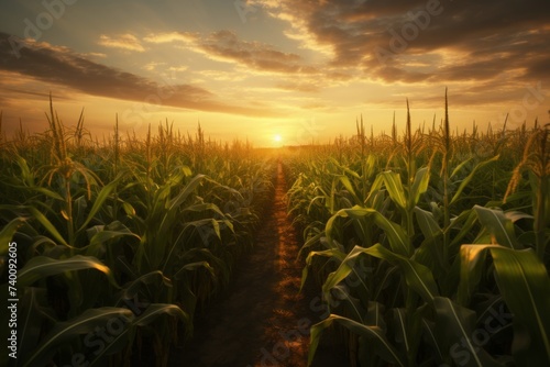 Sunlight bathes a cornfield in gold during a tranquil sunset.