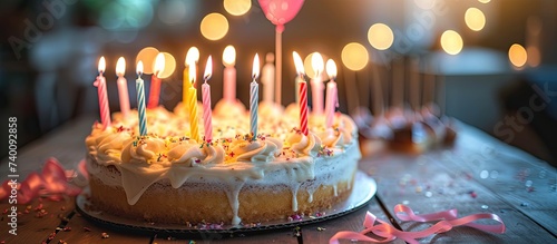 A joyful birthday cake with blazing candles celebrating a special occasion, placed on a table.