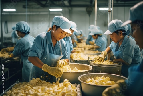 Workers on an industrial food production line meticulously handling and inspecting food quality.