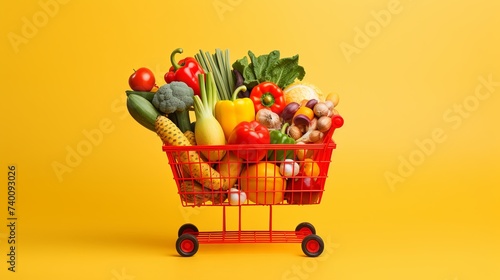 Wicker basket containing Supermarket foodstuffs on Yellow Background photo