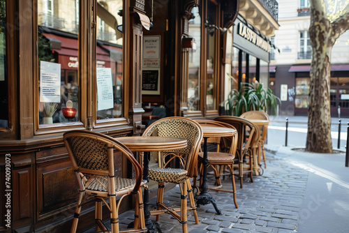 Old-fashioned coffee terrace with tables and chairs paris France
