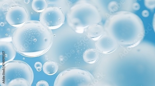 White soap bubbles foam on blue background. Suds shower texture macro view photo  shallow depth of field