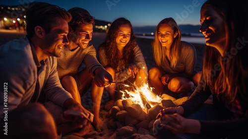 Young and cheerful friends sitting on the beach and fry marshmallows near bonfire They look happy and smiling. Night time