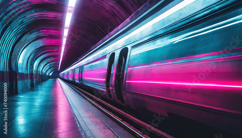 Fast underground subway train racing through the tunnels. Neon pink and blue light is creating motion blur effect © Genevieve