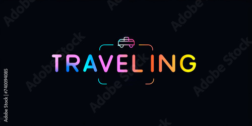 logo with "TRAVELING" written with colorful letters on black background, TRAVEL concept