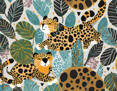 Hand drawn cute leopard illustration. Trendy Jungle print. Illustration for nursery design  poster  greeting  birthday card  baby shower and party.Animal pattern print