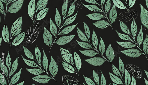 Pattern of dark green leaves on a black background