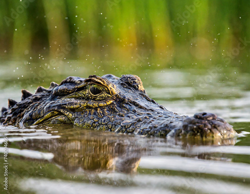 Saltwater crocodile (Crocodylus porosus) partially submerged with ripples on water from raindrops. Sarawak, Borneo, Malaysia.