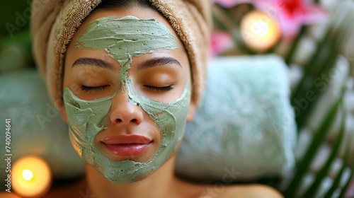 Face woman wrap therapy session with aromatherapy, clay, and seaweed wraps for detox and rejuvenation, candles and flowers in the background. AI