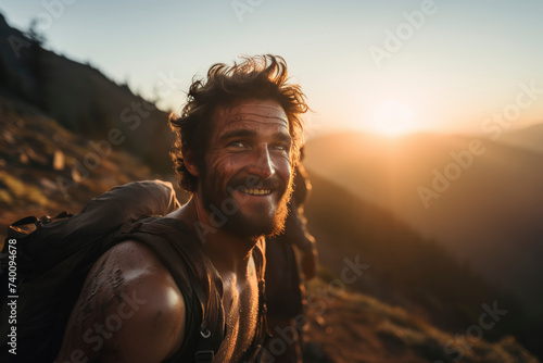 Happy hiker with backpack at sunset on a mountain trail.