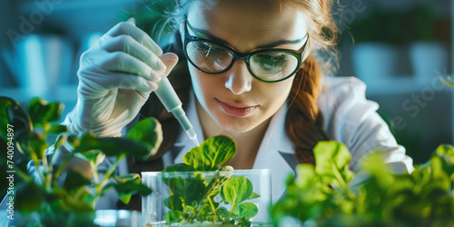female scientist with pipette and petri dish studying green spinach and other plants photo