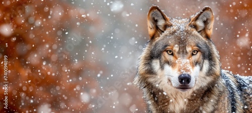 Gray wolf in snowy forest  wildlife in natural habitat with blurred background and space for text.