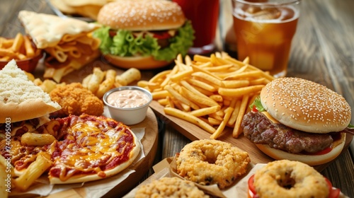 Close-up shot of fast food items