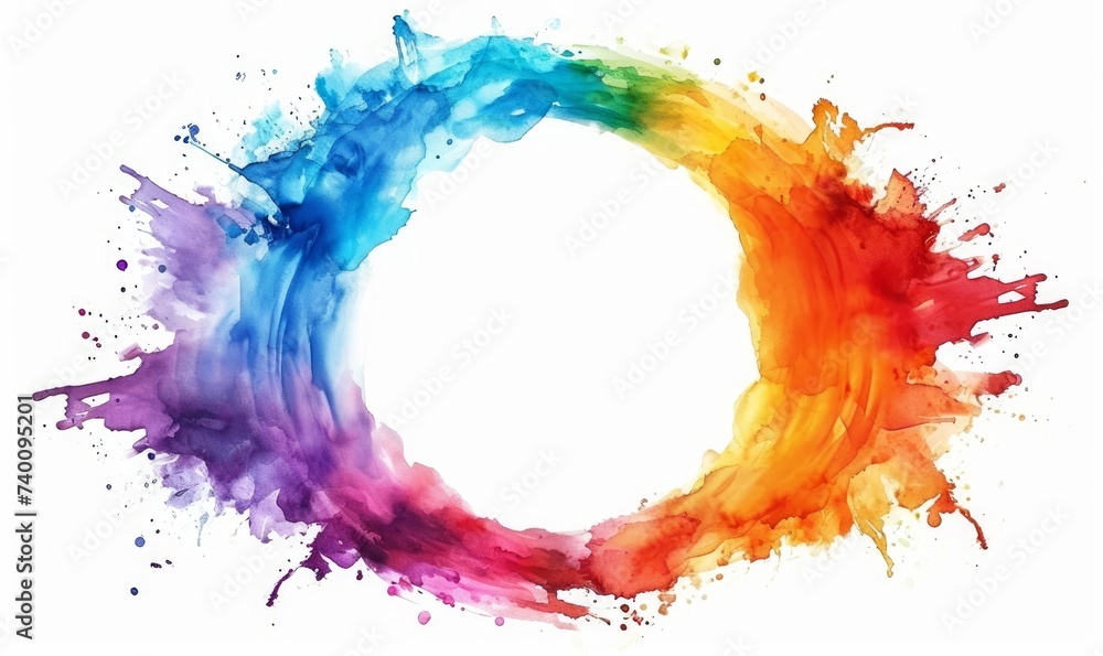 Abstract colorful rainbow color painting illustration. Circular circle frame made of watercolor splashes, isolated on white background. Generative AI