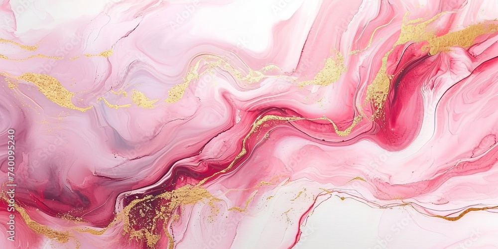 Abstract watercolor paint background illustration. Pink white color and golden lines with liquid fluid marbled swirl waves texture banner texture, Generative AI