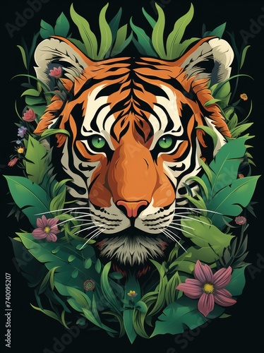 A tiger standing amongst vibrant flowers and lush green leaves in a natural setting.