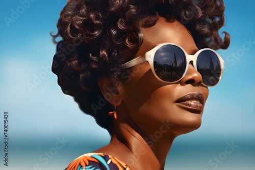 Fototapeta Naklejka Na Ścianę i Meble -  Sophisticated black woman relaxes at beach resort in style. Concept Beach Resort, Sophisticated Style, Black Woman, Relaxation, Fashion