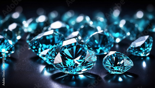 Shiny diamonds brilliants gemstones on navy blue fabric wavy background. Luxury Diamonds crystals and silk satin fabric texture background.

 photo