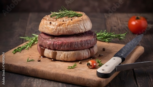 Burger of fresh beef with a knife on the board. On a rustic background