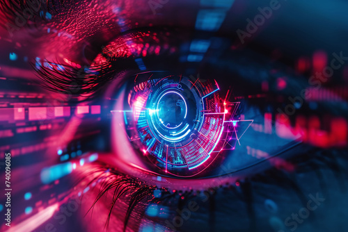 Close-up of a cyber eye with neon chips inside the iris and lens.