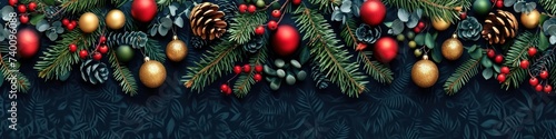 Christmas holiday celebration decoration background banner panorama, long texture. Chrsitmas ornaments, baubles and pine brnaches on dark blue table, seamless pattern. Generative AI
