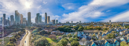 Aerial view of the Houston Texas Downtown cityscape with tall skyscrapers in early morning during winter.