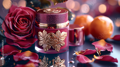 Elegant skincare product amidst roses and golden lights. photo