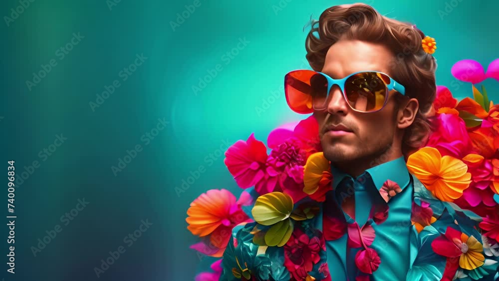 Handsome man portrait in blue jacket and sunglasses on bold blooming floral abstract background in pop art style. Contemporary fashion concept