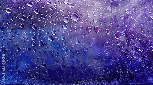 Melancholic Symbolism: Water Drops on Blue Glass Car Windshield, Rendered in Dark Purple and Light Navy photo