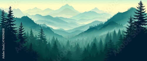 Landscape forest mountains nature adventure travel background panorama. Illustration of dark green silhouette of valley view of forest fir trees and mountains peak. Generative AI