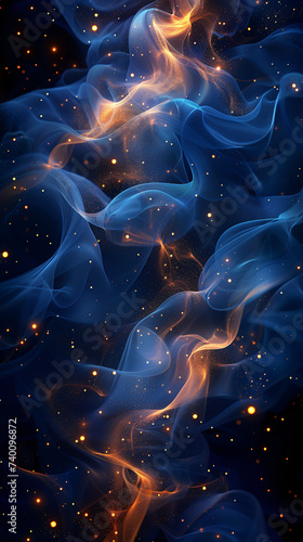 Ethereal blue waves intertwine with golden lights, creating a mesmerizing cosmic dance. photo