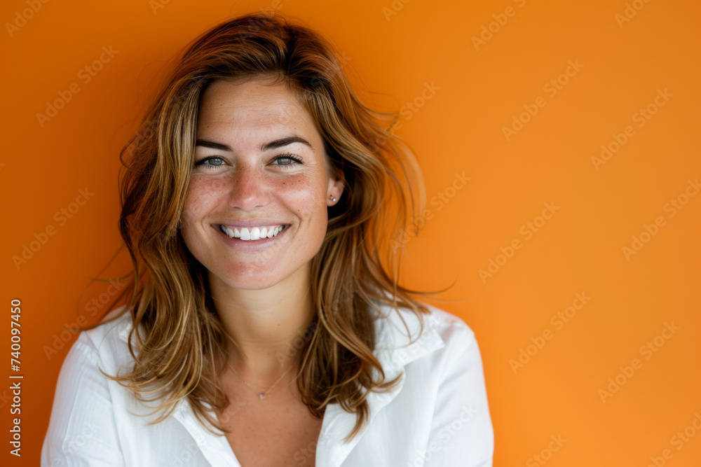 femme 30-35ans souriante portant un vêtement blanc sur fond uni orange, espace pour texte sur le coté femme 30-35ans souriante portant un vêtement blanc sur fond uni orange, espace pour texte sur le coté