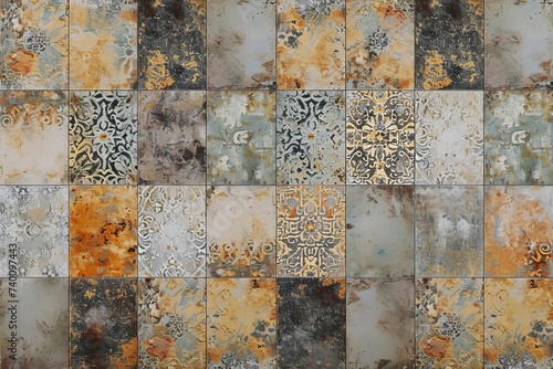 Old brown gray rusty vintage worn geometric shabby mosaic ornate patchwork motif porcelain stoneware tiles stone concrete cement wall texture background square, Generative AI photo