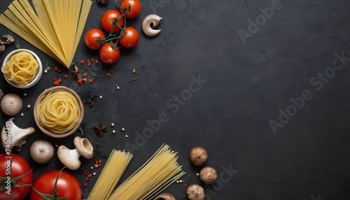 Different types of raw pasta with tomatoes, spices and mushrooms. On dark rustic background