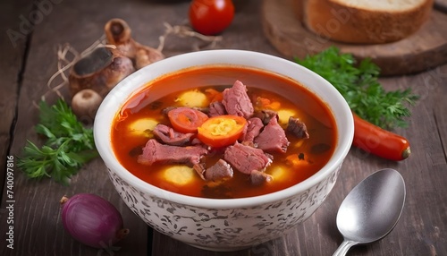Traditional Ukrainian meat soup Solyanka in bowl