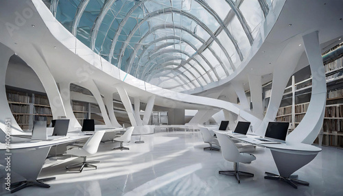 Futuristic and modern white public library. Modern bright library with bookshelves full of multicolored books and space for reading and studying. Generative Ai.