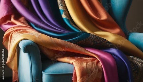A vibrant, silk scarf draped over a chair