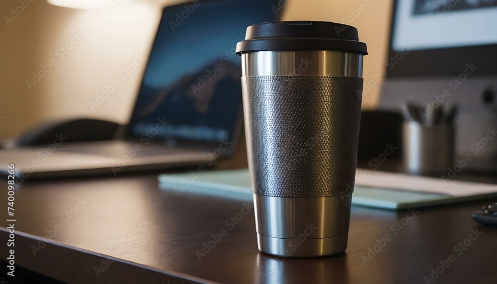 A shiny, metal travel mug on a home office desk