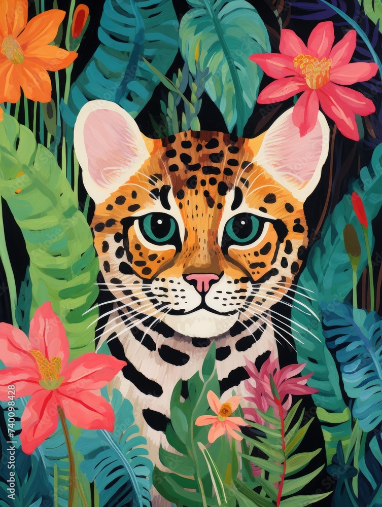 An artistic portrayal of a leopard amidst a vibrant array of blooming flowers, capturing the fierce beauty of the wild feline in a peaceful setting.