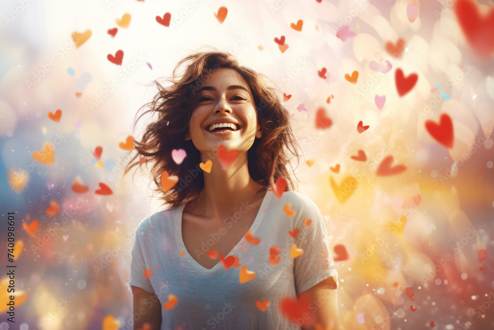 A delighted woman smiles under a shower of heart-shaped confetti A delighted woman smiles under a shower of heart-shaped confetti