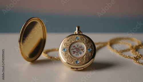 A delicate, gold locket on a jewelry stand photo